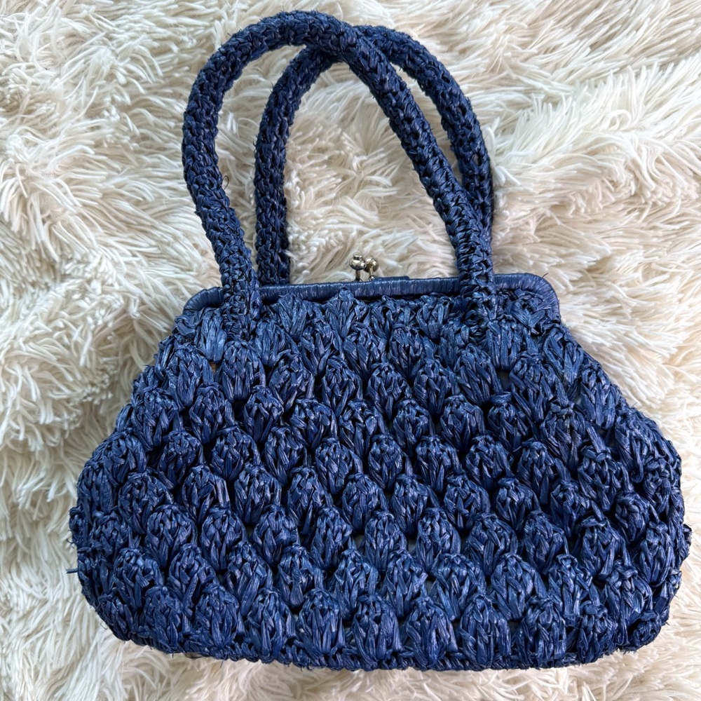 Vintage Expressly for Simon 1960s Blue Woven Raffia Purse
